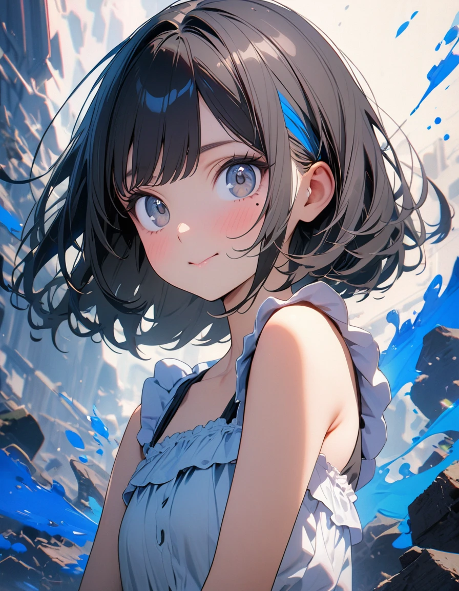 (8K,4K,best quality, master piece: 1.2), super high resolution,1 Beautiful woman,16yo,ultra-detailed face, detailed eyes,blue eyes,mascara,brown eyes,(mole under eye),:>,frilled camisole,(black hair, blue streaked hair),bob cut,looking at viewer,ポートレート,blue splash background
