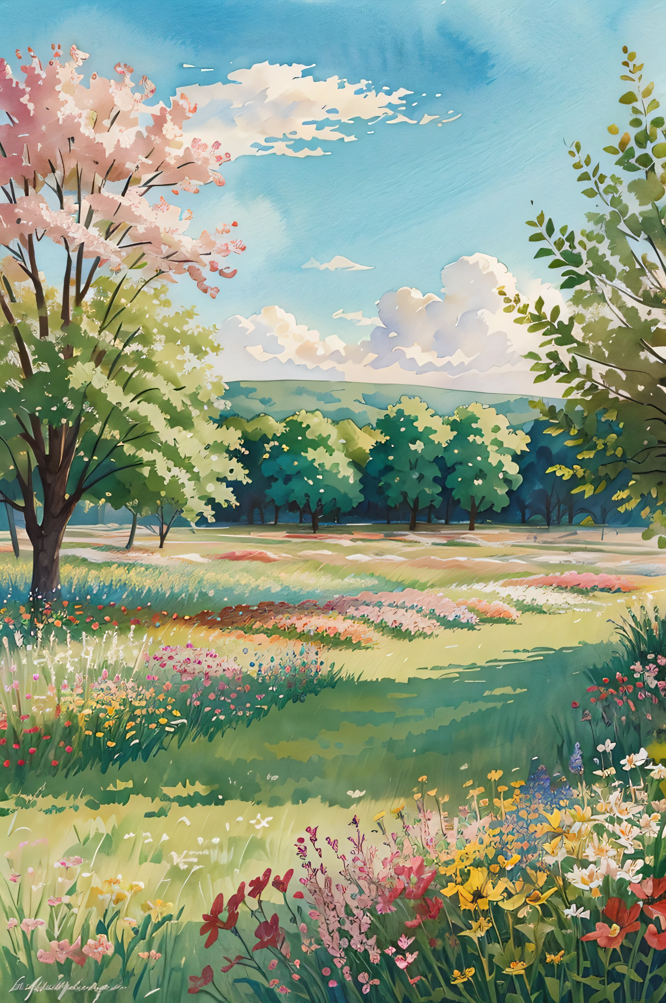 Watercolor flowers landscape background, abstract flowers made from watercolor paint splashes summer landscape, impressionism style illustration