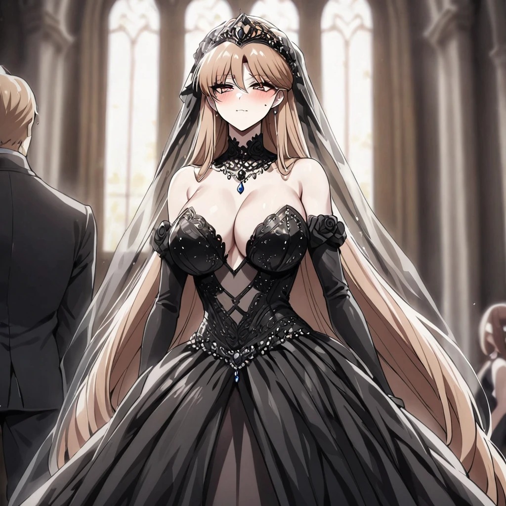 ((Highest quality)), ((masterpiece)), (detailed), （Perfect Face）、The woman is Princess Leona, with long light brown hair, and is wearing a lavishly jeweled, seductive black wedding dress and a black wedding veil, the epitome of an evil bride.、In a luxurious church wedding hall, a woman is getting married, embracing the arm of a dignified and powerful middle-aged evil emperor dressed in a luxurious black outfit.、The woman has long hair