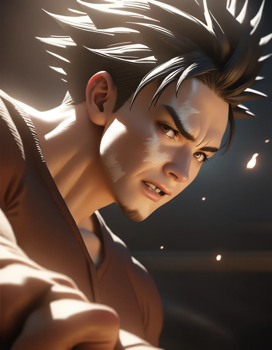 1boy, Goku (Dragon Ball), dirty face, super saiyan, close-up, cinematic angle, foreshortening, dark, dark background, (best quality,4k,8k,highres,masterpiece:1.2),ultra-detailed,(realistic,photorealistic,photo-realistic:1.37),dramatic lighting,chiaroscuro,dynamic composition,powerful energy aura,intense expression