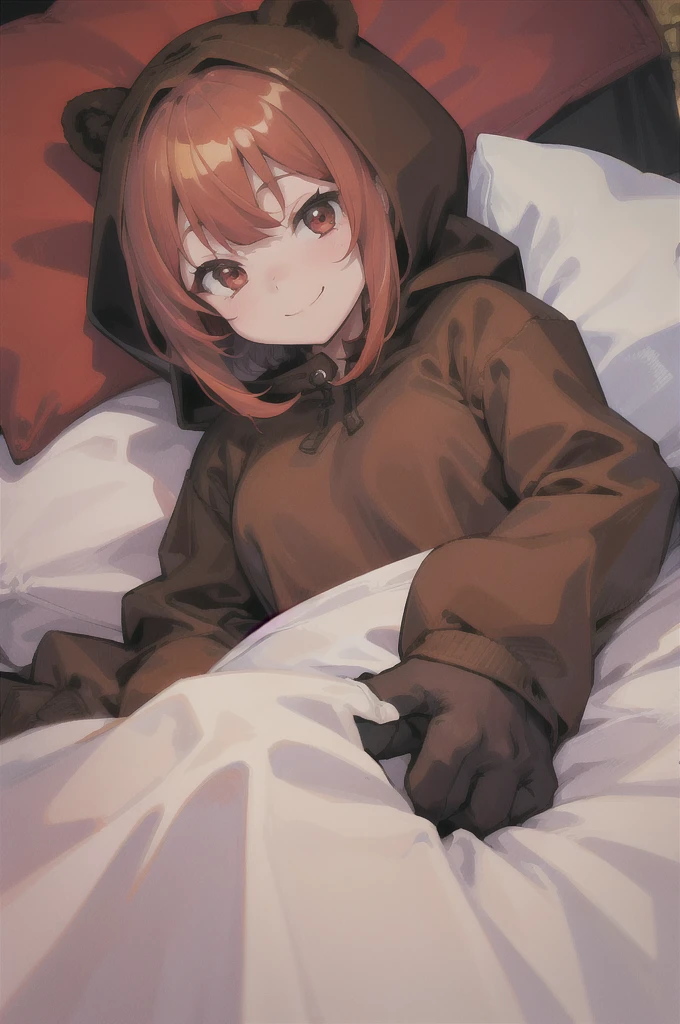 A girl wearing a brown bear costume、Hair color、Gold、
Bob、Red eyes、Shy smile、On the bed