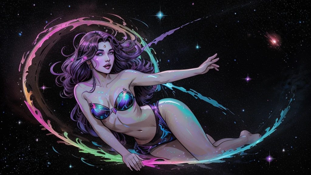 In a kaleidoscopic realm of swirling iridescent stardust and blazing neon nebulae, the celestial enchantress Grace holds rapturous dominion. Her incandescent form outshines the brilliance of quasars.
Grace's divine visage is haloed by ethereal obsidian tresses cascading down her curvaceous silhouette. Her smoldering indigo eyes penetrate any who behold their kaleidoscopic depths.
The enchantress's prismatic garments radiate the full spectrum across her sensuous curves. Diaphanous crimson, ultraviolet, and violet robes spiral in a chromatic vortex. Stardust swirls crown her as the  of beguiling chromatic allure.
Her chromatic domain births new realms of dazzling color - fuchsia nebulae amid emerald stellar nurseries shower azure stars. Colliding amber and turquoise galaxies birth ultraviolet and indigo splendor.
Though her chromatic temptation could overwhelm mortals, Grace's power lies in nurturing radiance. Weaving prismatic strands, she infuses newborn celestial bodies with infinite potential. Obsidian lips seem to breathe the secrets of rainbows.
In this blinding, coruscating realm, the smoldering yet fully-clothed celestial enchantress Grace reigns supreme. Her irresistible kaleidoscopic allure fuels perpetual dazzling creation and rebirth throughout the cosmos.