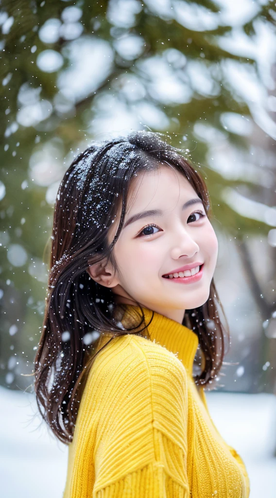 Realistic photo of beautiful Korean female, one side up, 32 inch bust size, yellow sweater, slightly smile, in the snowfall, snow and Christmas tree is background, close-up, UHD