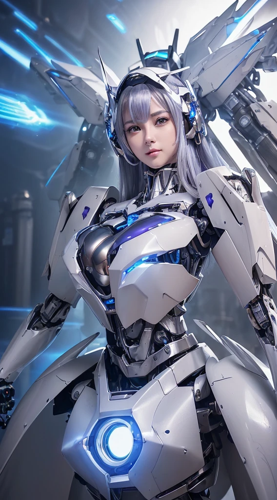 ((Intense action pose:1.6))、((Shining lenses on both breasts:1.3))、((Blue pillars of light are emanating from both chests.:1.3))、smile、((8K)), ((32k)), ((Highest quality)), ((masterpiece)), ((超A high resolution)), ((Tmasterpiece)), ((Halation:1.4))、((Mechaニカルheadgear:1.2))、((Cyber headphones:1.3))、Fine skin, High quality fabric, Fine metal texture、((Beautiful and dense face))、RAW Photos、Professional, Ultra-fine painting, ((alone)), Beautiful breasts、Highest quality, Very detailed, Very detailed詳細, Finer details, so beautiful, ((Princess Knight Robot:1.2)),  (Joints of machines, Mechanical Limbs:1.3), (The internal structure of the machine is exposed:1.3), (Long silver hair:1.1), (Beautiful and huge mechanical breasts)、White Veil, cowboy_shot, Side Focus, headgear, Shiny、(Five Fingers, Four fingers and thumb),Concept Art, Anime fantasy artwork, Detailed fantasy art, (with pale blue-violet hair and large white wings,,,,,,,), (((Long silver hair))), (Mecha:1.6)、Sleek and intimidating design, ((Commander-in-Chief&#39;arm)), (Perfect robot body)、純白と青紫armまたは, Symmetrical wings, 8K high quality, detailed art, 3D rendering of character art in 8K, neat legs, Defined, Defined fingers,