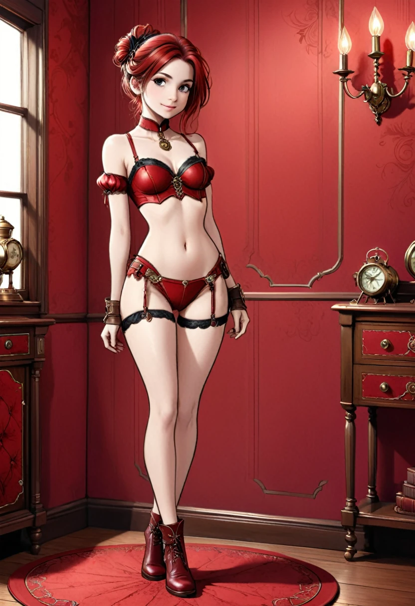(Realistic:1.4), high quality, 8K Ultra HD, highly detailed, clean line art, detailed background, mix of bold dark lines and loose lines, whole body, full length picture of cute magical woman, the background is a detailed red bedroom in steampunk style, clean line digital illustration in anime style