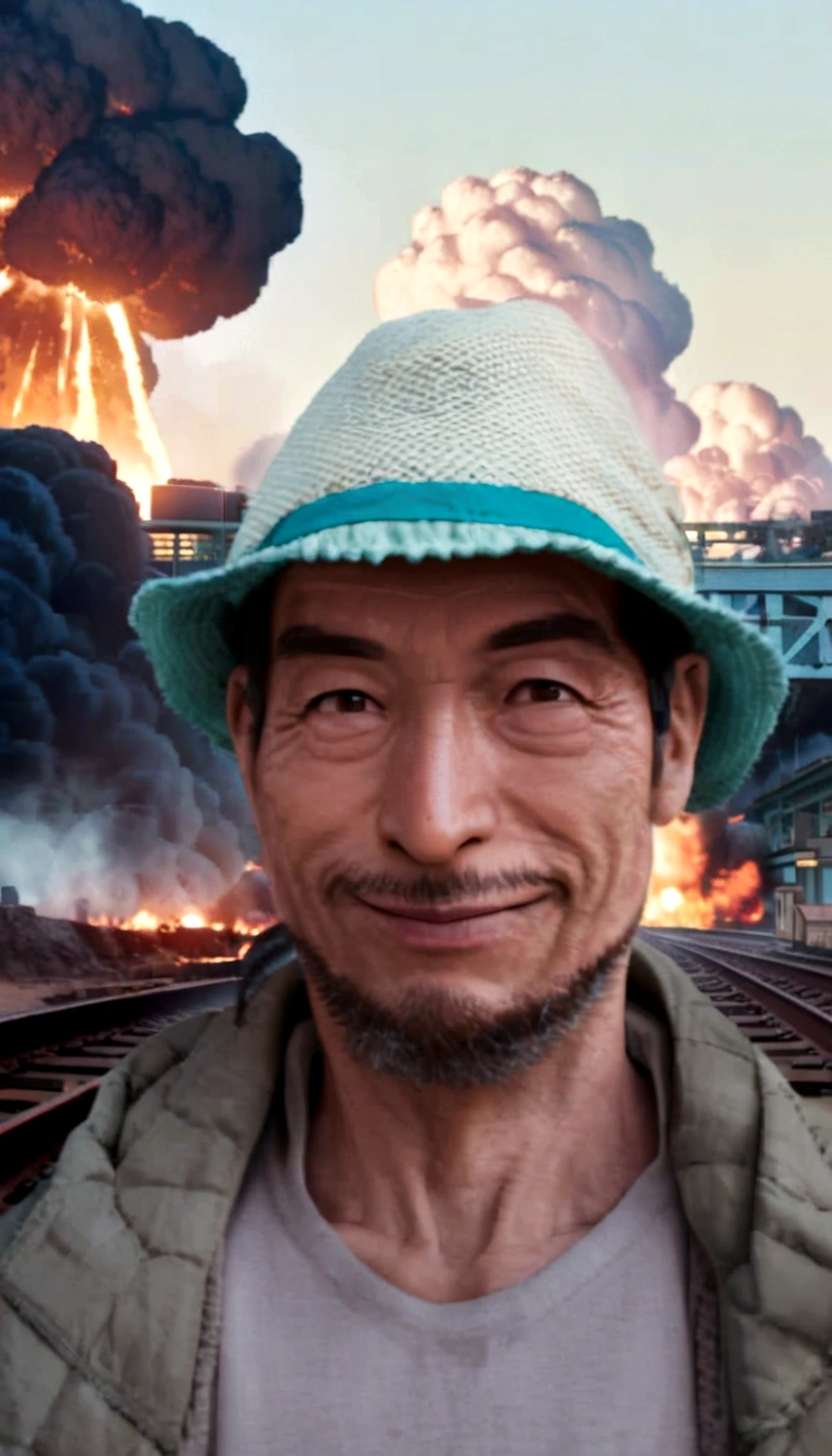 Arafed in a hat and jacket stands in front of the railway tracks, avatar image, headshot profile pictureture, avatar, burning scene in the background, explosion in the background, profile picture, in front of the smoke behind, explosion in the background, profile pictureture 1024px, before a nuclear explosion, profile pictureture