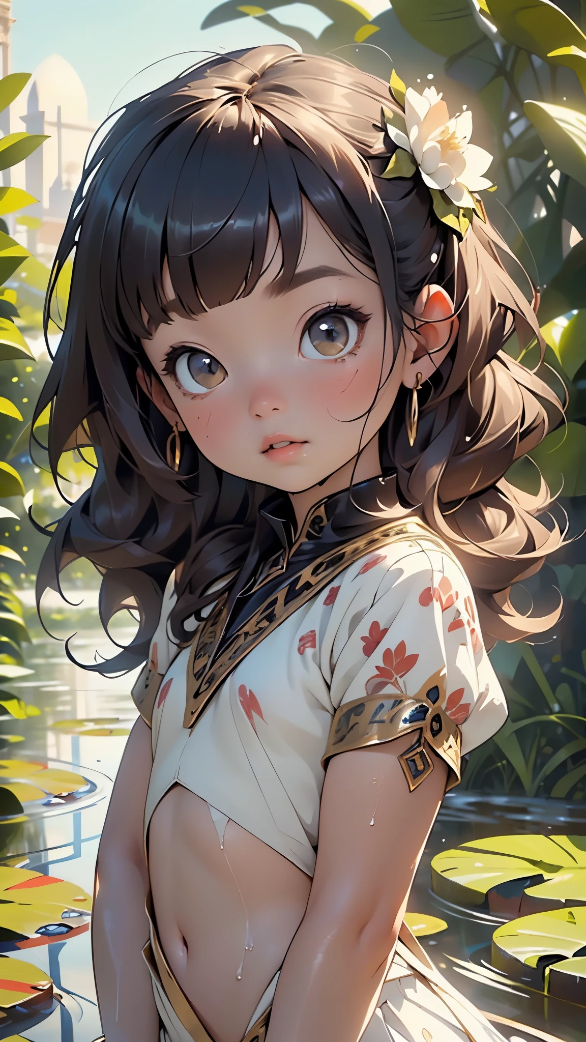 (((1 toddler:1.4))), (baby face), (round face), (little chest), (long hair:1.2, big forhead:1.2), (straight cut bangs:1.2), (brown hair), shiny hair, hairgrip, curled eyelashes:0.6,(beautiful big eyes:1.3), intricate eyes,beautiful detailed eyes,symmetrical eyes,big eyes:1.5,(apricot eyes:1.2), extremely detailed cute anime face, clear pale blush, dark brown skin, solo,🦄,🌈,kawaii, Prayer, long loincloth, (navel) (wreath of flowers), Shaman tribal clothes,thong tribal,(((lustrous skin:1.5,tanned skin,bright skin: 1.5,skin tanned,shiny skin,very shiny skin,shiny body))),((nsfw)),(tribal clothes,style old Egypt),((little loli,chibi))),((small tiny body)),,((((6 years old)))),((flat chest)),
((wet clothes,intricate outfit:1.2,intricate clothes:1.2))
centered,scale to fit dimensions,Rule of thirds,
outdoors,overgrown,(overgrown background,glowing crystals,bioluminescent plant),scenery,extremely scenery,(((glowing crystals,bioluminescent plants))),(puddles everywhere,moss,moss on the background),clouds,lily pads,palms,reeds,(sunset, golden hour),
(Glossy Egyptian ornaments),highres,sharp focus,(ultra detailed,extremely detailed),(photorealistic artwork:1.37),(extremely detailed CG unity 8k wallpaper),(((vibrant colors,vibrant theme))),(intricate),(masterpiece),(best quality),artistic photography,(photography taken by sldr),(intricate background),perfect rendered face,perfect face details,realistic face,photo realistic,((intricate detail)),(((realism))),