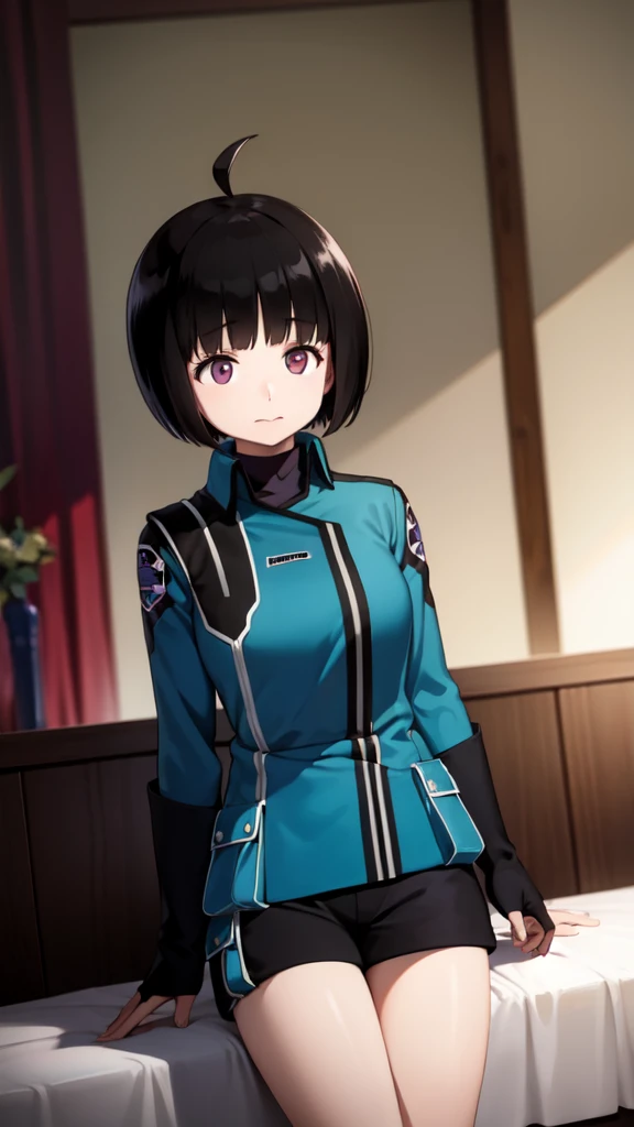 One Girl, alone, amateur_chika, short hair, Black Hair, Blunt bangs, Bobcut, Ahoge, Purple eyes, Long sleeve, Blue jacket, uniform, Black Shirt, turtleneck, Symbolism, Short black shorts, Black boots, carry a long rifle, Cowboy Shot、Thighs、Black thigh-high boots、（（（Black high heels）））whole body, face, high quality, masterpiece, 超High resolution, high quality, Attention to detail, 最high quality, High resolution