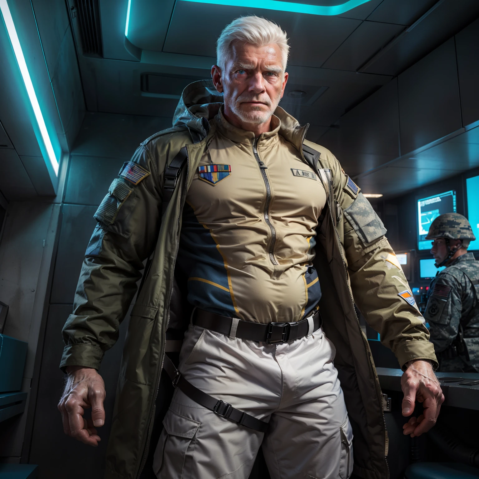 An old man with white hair, futuristic clothes, military clothes, futuristic military clothes, athletic, lightly muscular, Eyes wide