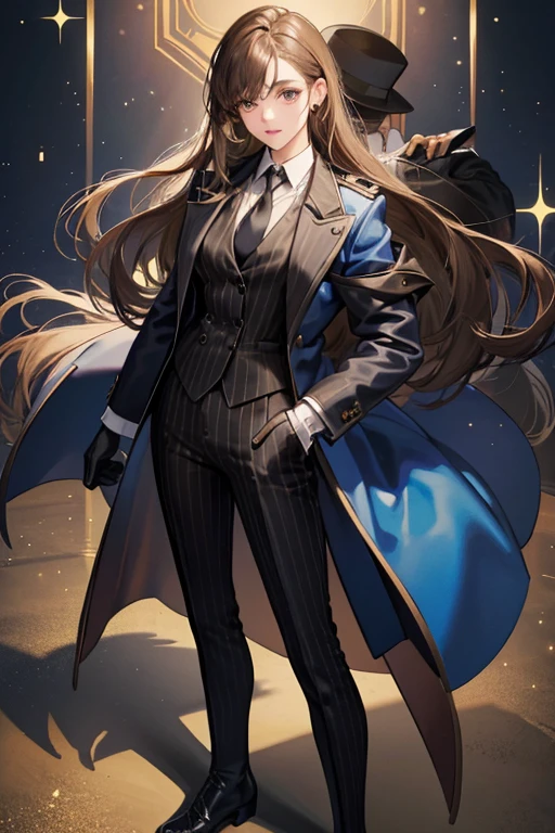 she has short light brown hair with long bangs covering his right eye. sHe wears a dress suit with a ribbon tie, black gloves and shoes. she wearing a blue pinstripe dress shirt with a white vest, black tie, black gloves, tall dark boots, and khaki pants. SPARKLE; GLITTER