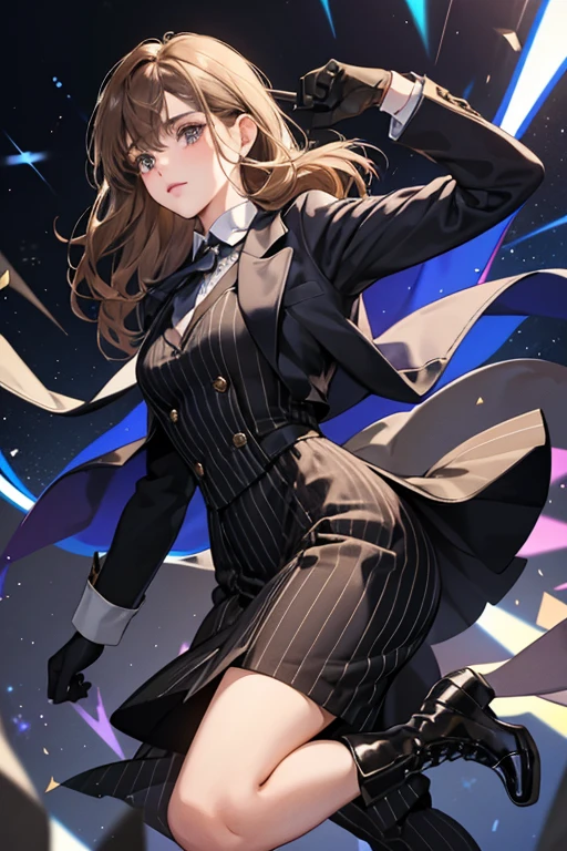 she has short light brown hair with long bangs covering his right eye. sHe wears a dress suit with a ribbon tie, black gloves and shoes. she wearing a blue pinstripe dress shirt with a white vest, black tie, black gloves, tall dark boots, and khaki pants. SPARKLE; GLITTER