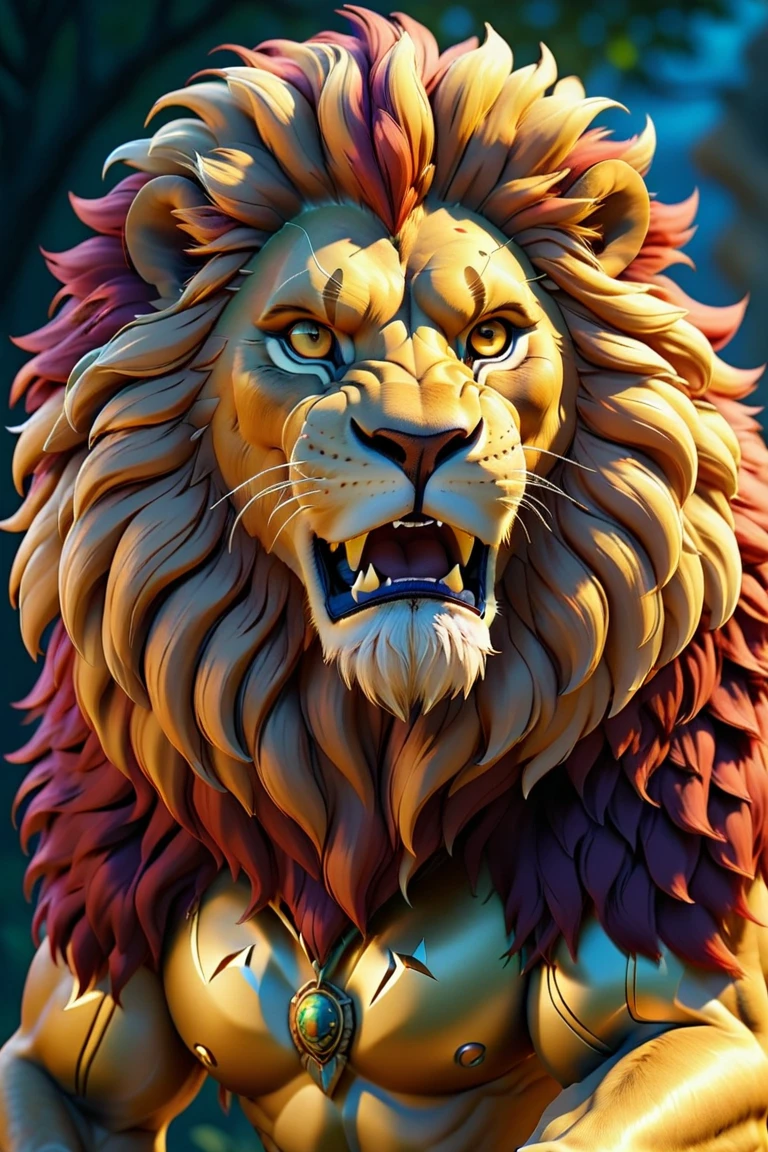 a detailed illustration of a humanized lion, anime style, hyper realistic, masterpiece, best quality, 8k, hyperdetailed, cinematic lighting, vibrant colors, dramatic shadows, intricate fur details, intense gaze, noble expression, powerful muscles, dynamic pose, lush background, cinematic composition