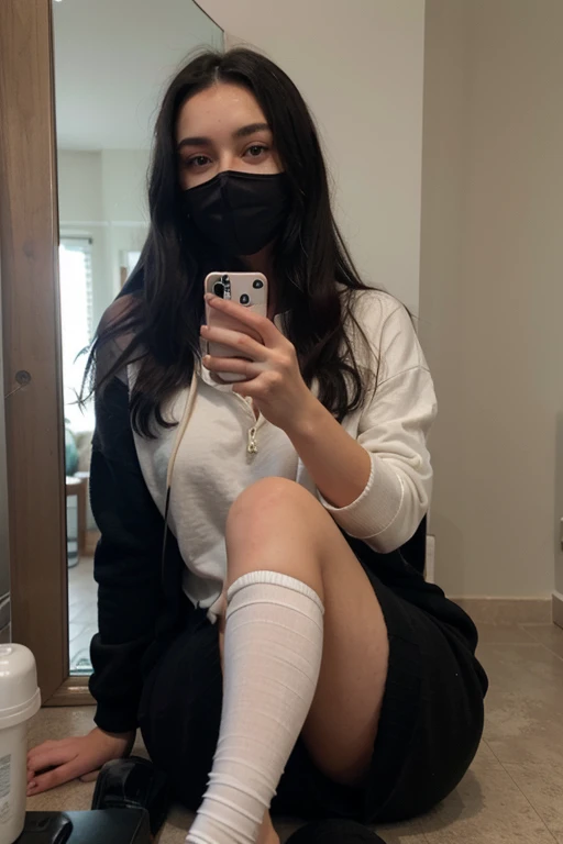 Sexy girl with long black hair wearing a face mask and bandaged foot with a cast in a black hoodie and a black sweater taking a selfie in the mirror looking sideways