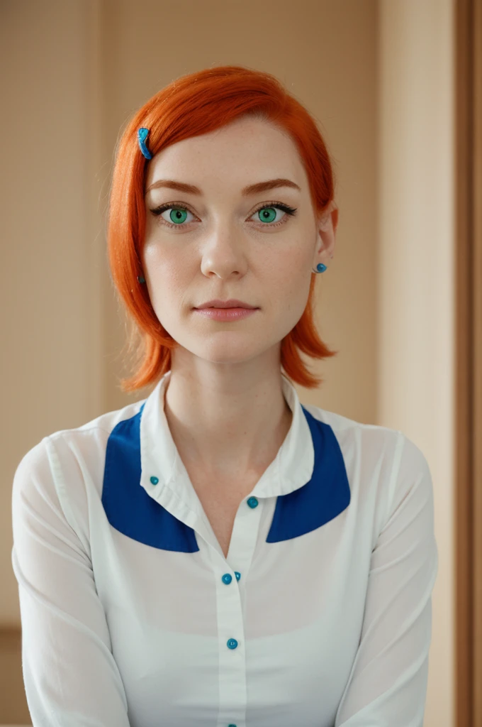 Gwen Tennyson, wide-shot, a woman, depth of field, business woman, redhead, green eyes, Blue long-sleeved shirt with a white cat emblem, blue hairclip

