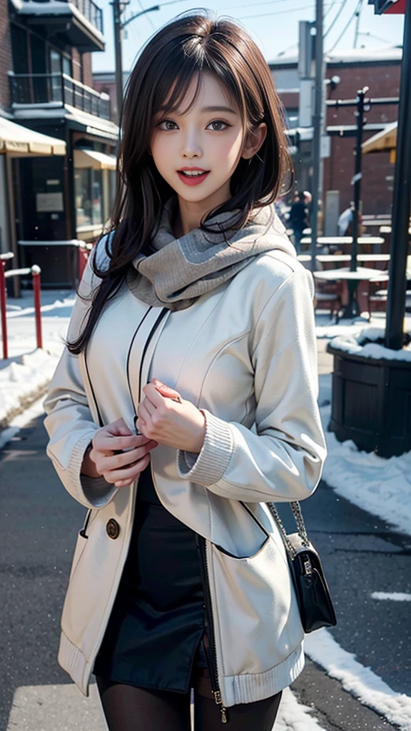 wide pelvis, Creamy smooth skin, (Masterpiece, best quality, high resolution, Extremely detailed, Detailed background, Delicate eyes, Beautiful face:1.2), 1girl huge breasts, Solitary, White hair, Short straight hair, Bangs, Gray eyes, flat chest, Willow Waist, Pale skin, , outdoor, street, winter, snow, , winter uniform, white winter coat, White scarf, bag, Black Legwear, Pantyhose, open mouth, Smile, Happy, View Viewer, Cowboy shooting,