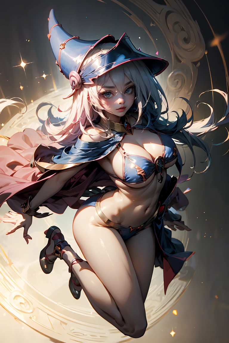 (Masterpiece:1.2), (The best quality:1.2), perfect lighting, Dark Magician Girl casting a spell, floating in the air, big tits, neckline, magic background. Transparent hearts in the air, blue robe, big hat, From above, sparkles, Yugioh Card in the background. In heels and a bikini 