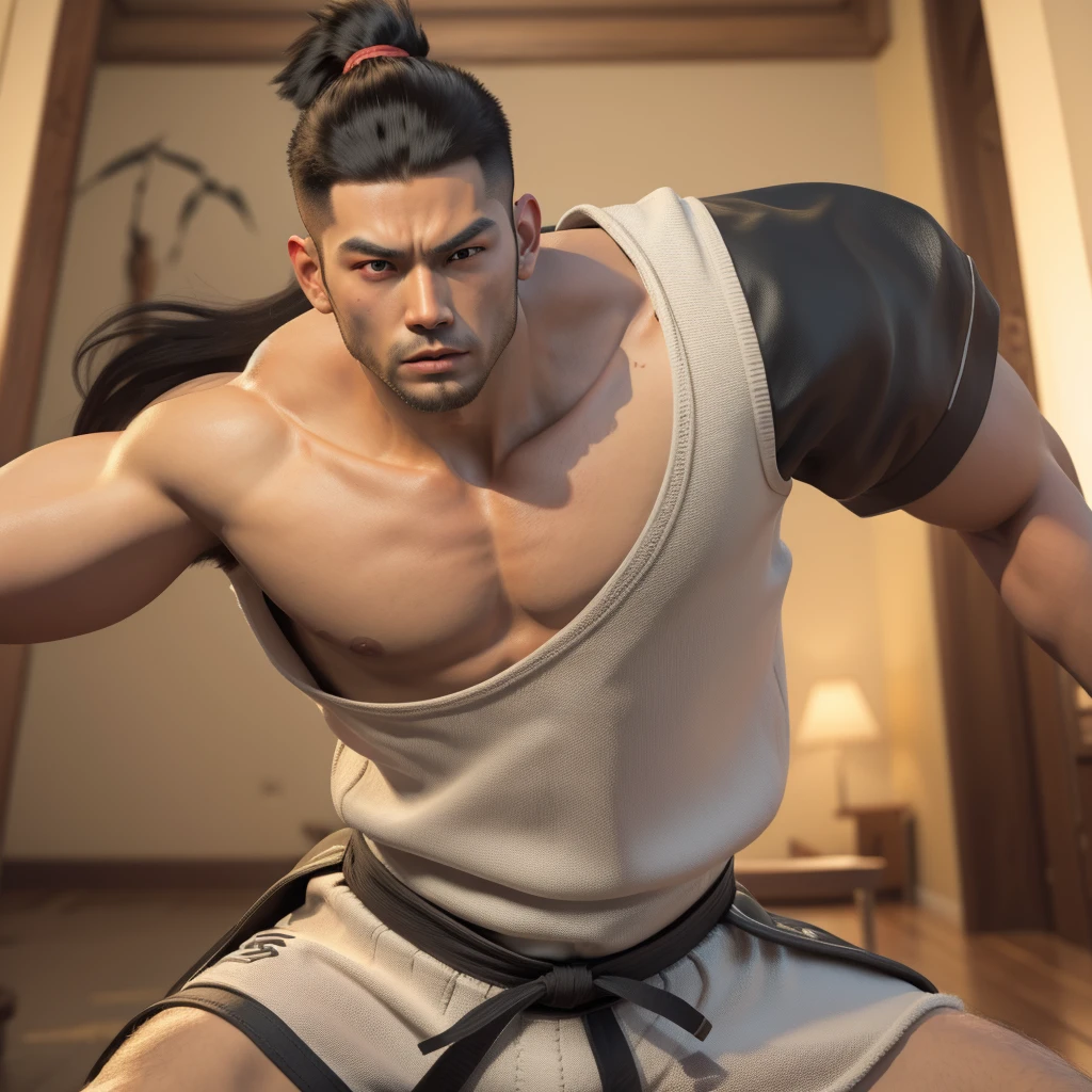 detailed portrait of a muscular asian man with spiky black hair, piercing eyes, a strong jawline, and wearing a white karate gi, highly detailed, photorealistic, 8k, hyperrealistic, beautiful lighting, sharp focus, masterpiece