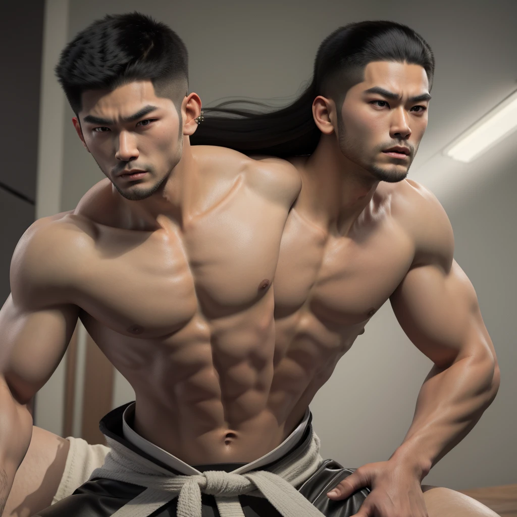 detailed portrait of a muscular asian man with spiky black hair, piercing eyes, a strong jawline, and wearing a white karate gi, highly detailed, photorealistic, 8k, hyperrealistic, beautiful lighting, sharp focus, masterpiece