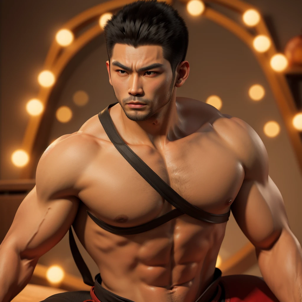 detailed portrait of a muscular asian man with spiky black hair, piercing eyes, a strong jawline, and wearing a white karate gi, highly detailed, photorealistic, 8k, hyperrealistic, beautiful lighting, sharp focus, masterpiece