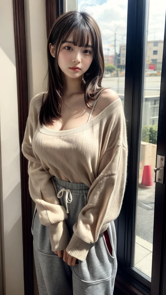 masterpiece, Best Quality, 8K, 20 yo, huge breasts, cuddly, Solo, sad, Cute, Girly, Delicate girl, Neat and clean beauty, Raw photo, Professional Photography, Portrait, full body, front view, perfect body shape, Sophisticated, Film grain, (Eyes and faces with detailed:1.0), ponytail, short length floating hair, beautiful flowing hair, bangs, Oversized Sweatpants
