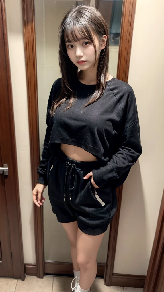masterpiece, Best Quality, 8K, 20 yo, huge breasts, cuddly, Solo, sad, Cute, Girly, Delicate girl, Neat and clean beauty, Raw photo, Professional Photography, Portrait, full body, front view, perfect body shape, Sophisticated, Film grain, (Eyes and faces with detailed:1.0), ponytail, short length floating hair, beautiful flowing hair, bangs, Oversized Sweatpants