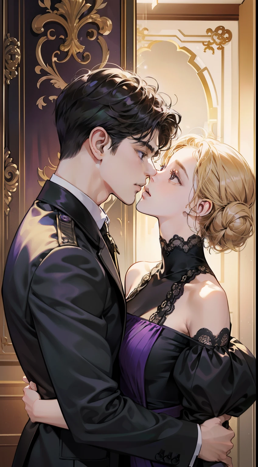 Couple, 1 girl 1 boy, different hair color, black bang bun hair and dark purple eyes, short blonde hair and dark green eyes, romance, brown suite, purple dress, UK, luxury room background, face to face, romantic, glowing light, black hair girl, blonde boy.