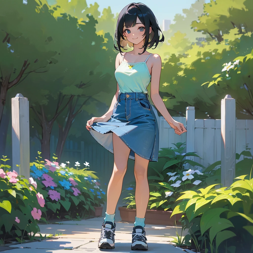 (high quality, High resolution, Very detailed, reality:1.37), Peaceful atmosphere, (Outdoor, garden), Teenage girl standing alone, (my breasts are big.), Beautiful details, Cute Smile, (Black bob hair), camisole, Denim skirt, Blue socks, sneakers.