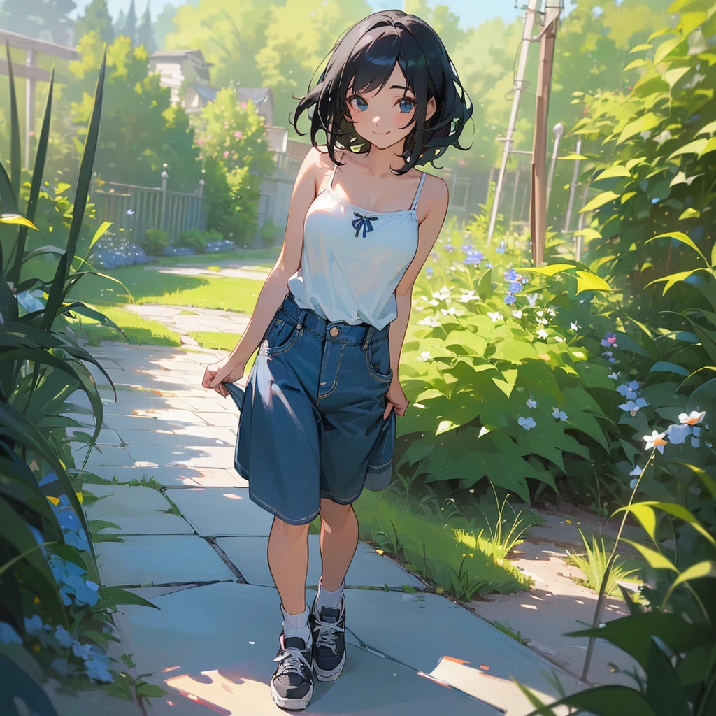 (high quality, High resolution, Very detailed, reality:1.37), Peaceful atmosphere, (Outdoor, garden), Teenage girl standing alone, (my breasts are big.), Beautiful details, Cute Smile, (Black bob hair), camisole, Denim skirt, Blue socks, sneakers.