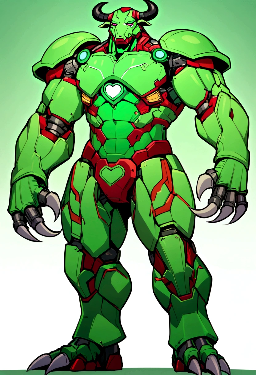 A bull is standing and showing claws having big nails like scratching something. It has a heart symbol on its middle chest like iron man. The theme colour will be green and red........ Use green for bull parts of image, use red for bear part and use blue for heart part