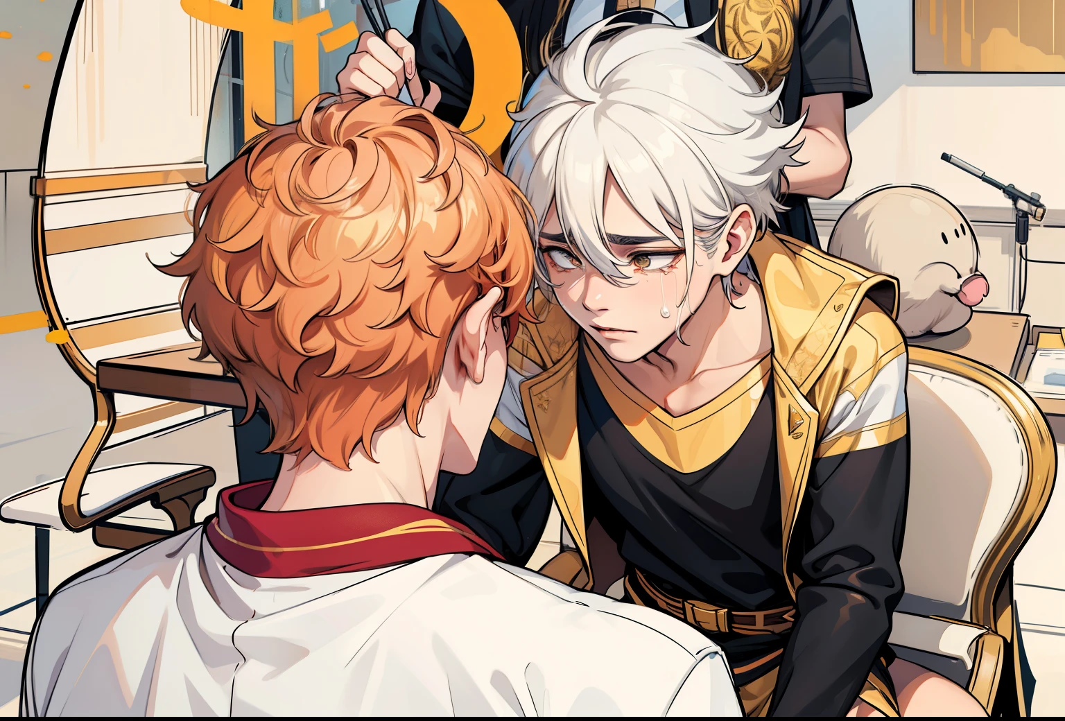 He has golden tears on his face He is crying His tears are golden, golden tears come out of her eyes she is crying