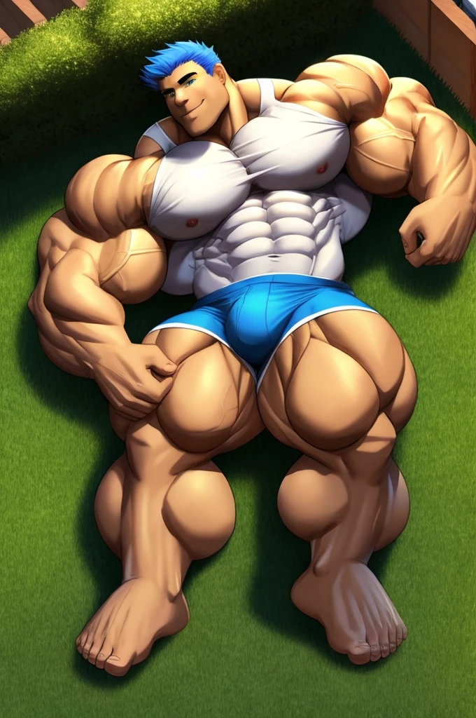 muscular boy , alone , erotic , lying down, garden , soft shading, standing , mbbbbb , smile , blue hair, green eyes ,() , white sleeveless shirt and blue shorts, hyper muscle, Huge muscle , bigs pecs muscle, bigs muscles , muscular thighs, muscular glutes, muscular legs masive muscles , ass muscle, light skin color white , Prince muscle , is waiting in the garden , macro muscle , muscle growth , too many muscles , yaoi , gay , Prince boy
