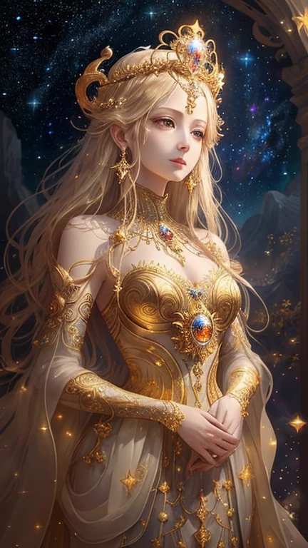 The cosmic goddess adorned with a natural crown of gold and precious stones、 Elegant and beautiful、A look of mercy、Looking at this、Full Body Shot、Blonde Hair、A dazzling light shines from behind、An elegant, sheer, yellowish gown、 sheer white dress.  elegant highly detailed, The Universe is Infinite、Countless stars and nebulae、The sun is in the background、The universe is full of light、(masterpiece、Highest quality、High resolution、Best lighting、8K)