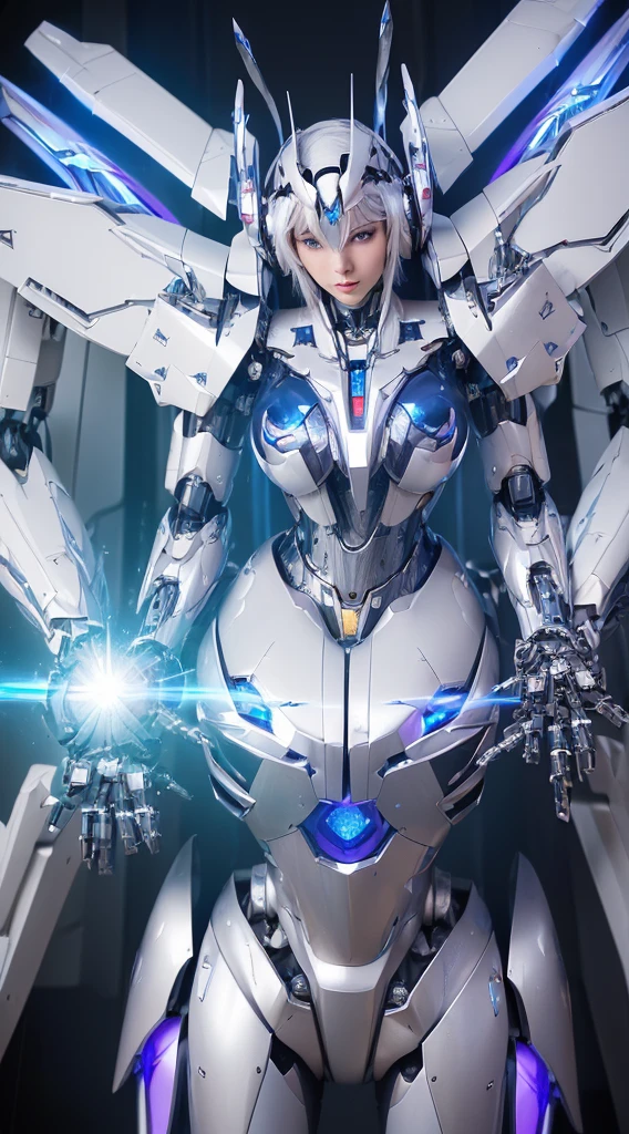 ((Intense action pose:1.6))、((Shining lenses on both breasts:1.3))、((Blue pillars of light are emanating from both chests.:1.3))、smile、((8K)), ((32k)), ((Highest quality)), ((masterpiece)), ((超A high resolution)), ((Tmasterpiece)), ((Halation:1.4))、((Mechaニカルheadgear:1.2))、((Cyber headphones:1.3))、Fine skin, High quality fabric, Fine metal texture、((Beautiful and dense face))、RAW Photos、Professional, Ultra-fine painting, ((alone)), Beautiful breasts、Highest quality, Very detailed, Very detailed詳細, Finer details, so beautiful, ((Princess Knight Robot:1.2)),  (Joints of machines, Mechanical Limbs:1.3), (The internal structure of the machine is :1.3), (Long silver hair:1.1), (Beautiful and huge mechanical breasts)、White Veil, cowboy_shot, Side Focus, headgear, Shiny、(Five Fingers, Four fingers and thumb),Concept Art, Anime fantasy artwork, Detailed fantasy art, (with pale blue-violet hair and large white wings,,,,,,,), (((Long silver hair))), (Mecha:1.6)、Sleek and intimidating design, ((Commander-in-Chief'arm)), (Perfect robot body)、純白と青紫armまたは, Symmetrical wings, 8K high quality, detailed art, 3D rendering of character art in 8K, neat legs, Defined, Defined fingers,