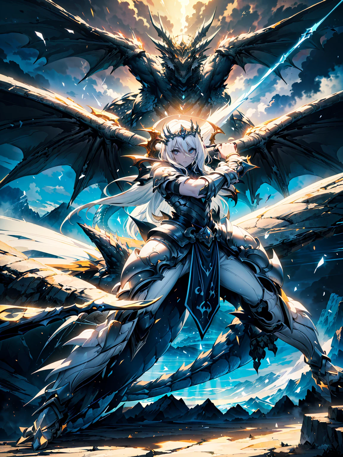 (((masterpiece, best quality, 8k)))Design a layout showcase Fantasy character, (1girl), ((mounted on a dragon)). Beautiful armor, wielding a spear, long white hair, wearing a tiara. ((detailed dragon:1.4)), white dragon, full of intricate details. (masterpiece:1.3), (best quality), 4k, ultra-detailed. (Dynamic pose, heroic stance:1.5), (dramatic lighting, atmospheric lighting). warrior, ((tiara:1.2)), (((long white hair:1.4))), spear, (((full_body_shot:1.5))). In a mystical landscape, high in the sky, with clouds and sunlight.
