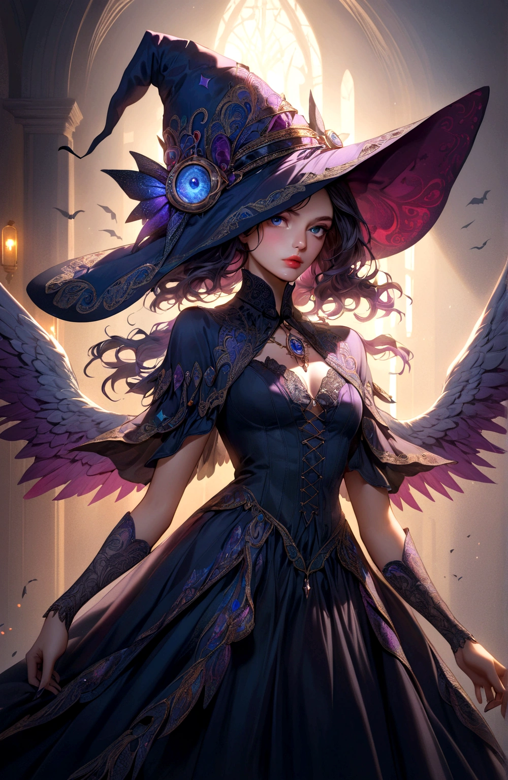 a beautiful woman with a witch's hat, angel wings,detailed eyes,detailed lips,extremely detailed face,longeyelashes,elaborate dress,dramatic lighting,cinematic composition,fantasy art,intricate details,vivid colors,dramatic shadows,moody atmosphere