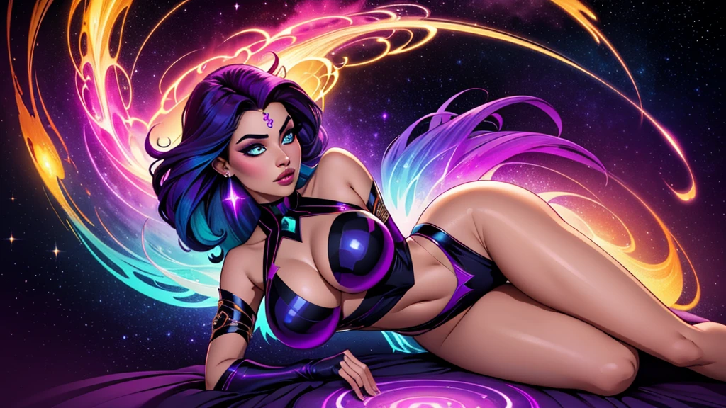 In a kaleidoscopic realm of swirling iridescent stardust and blazing neon nebulae, the celestial enchantress Grace holds rapturous dominion. Her incandescent form outshines the brilliance of quasars.
Grace's divine visage is haloed by ethereal obsidian tresses cascading down her curvaceous silhouette. Her smoldering indigo eyes penetrate any who behold their kaleidoscopic depths.
The enchantress's prismatic garments radiate the full spectrum across her sensuous curves. Diaphanous crimson, ultraviolet, and violet robes spiral in a chromatic vortex. Stardust swirls crown her as the  of beguiling chromatic allure.
Her chromatic domain births new realms of dazzling color - fuchsia nebulae amid emerald stellar nurseries shower azure stars. Colliding amber and turquoise galaxies birth ultraviolet and indigo splendor.
Though her chromatic temptation could overwhelm mortals, Grace's power lies in nurturing radiance. Weaving prismatic strands, she infuses newborn celestial bodies with infinite potential. Obsidian lips seem to breathe the secrets of rainbows.
In this blinding, coruscating realm, the smoldering yet fully-clothed celestial enchantress Grace reigns supreme. Her irresistible kaleidoscopic allure fuels perpetual dazzling creation and rebirth throughout the cosmos.