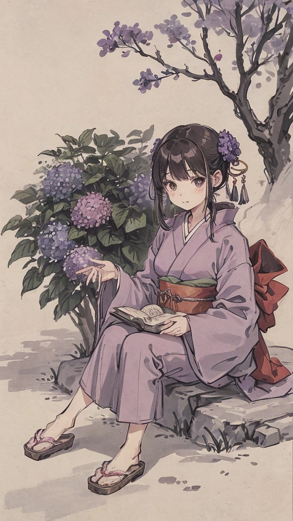 Japanese style purple kimono、A woman looking at hydrangeas