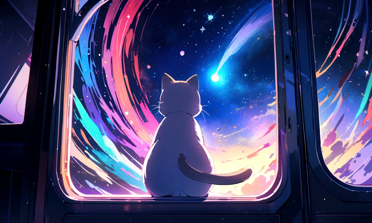 A cat character on a galaxy train looking out the window into space,