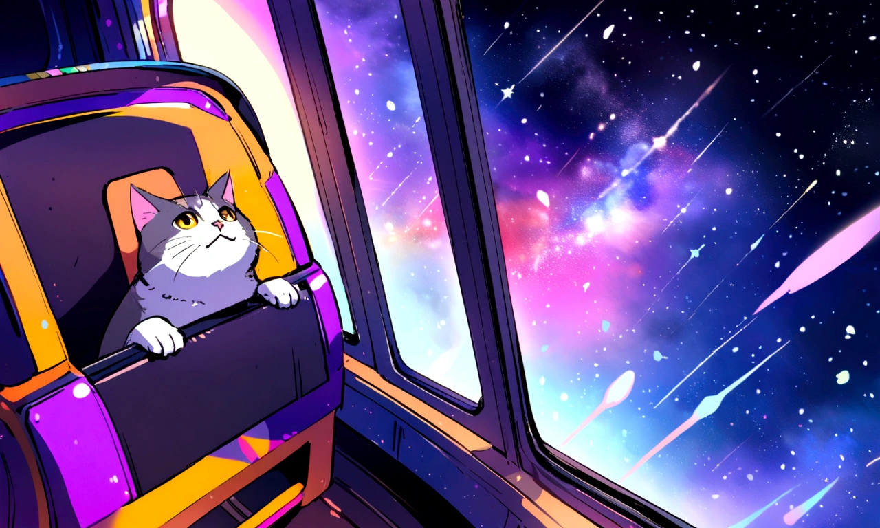 A cat character on a galaxy train looking out the window into space,