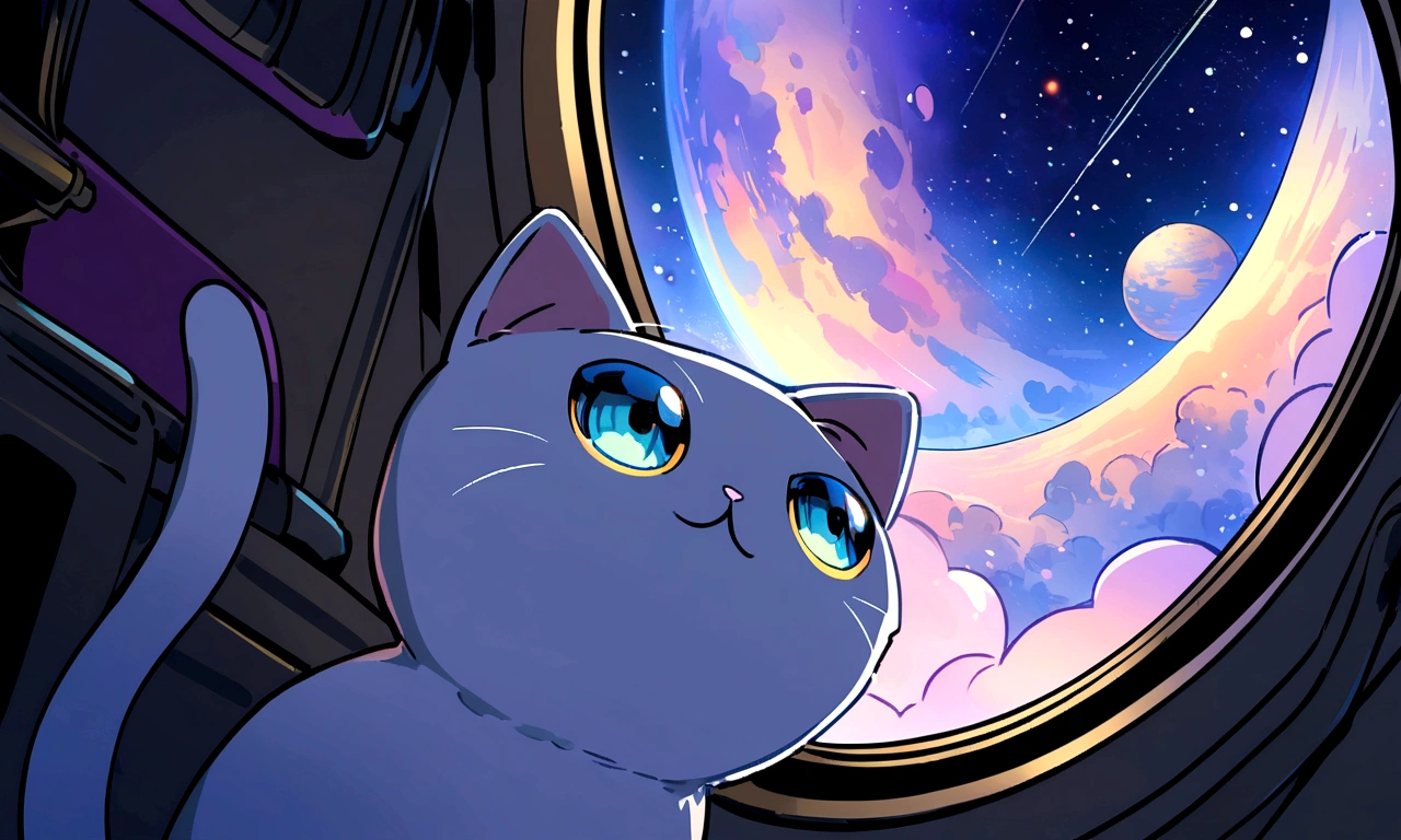 A cat character on a galaxy train looking out the window into space,