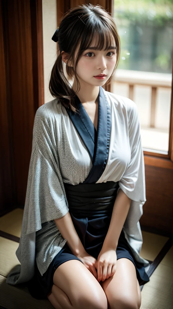 masterpiece, Best Quality, 8K, 20 yo, huge breasts, cuddly, Solo, sad, Cute, Girly, Delicate girl, Neat and clean beauty, Raw photo, Professional Photography, Portrait, full body, front view, perfect body shape, Sophisticated, Film grain, (Eyes and faces with detailed:1.0), ponytail, short length floating hair, beautiful flowing hair, bangs, Kimono Wrap Shirt