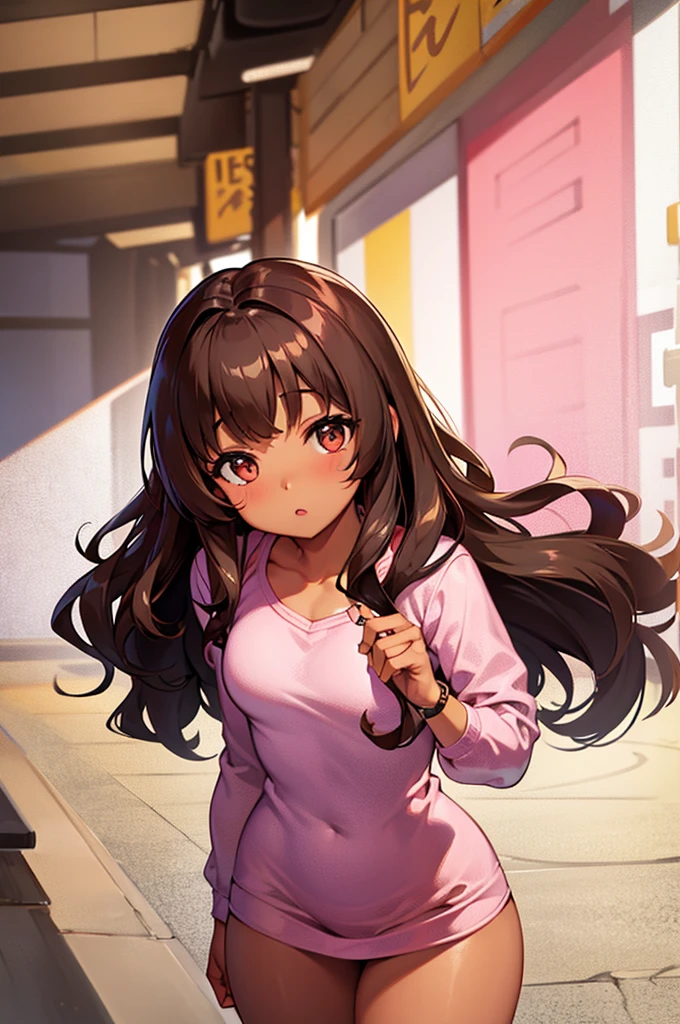 Short, curvy, brown skin, long curly brown hair with bangs, brown eyes, coquette style with pink.