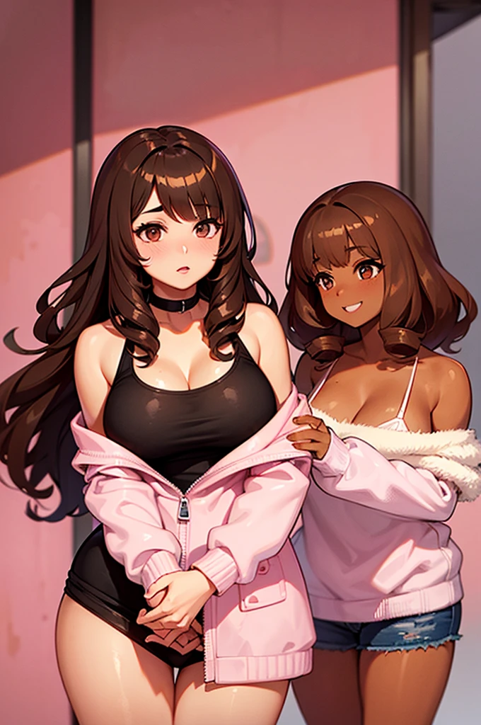 Short, , brown skin, long curly brown hair with bangs, brown eyes, coquette style with pink.