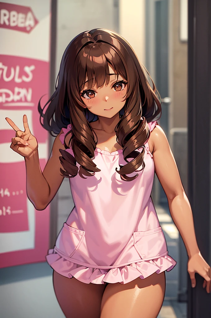 Short, curvy, brown skin, long curly brown hair with bangs, brown eyes, coquette style with pink.