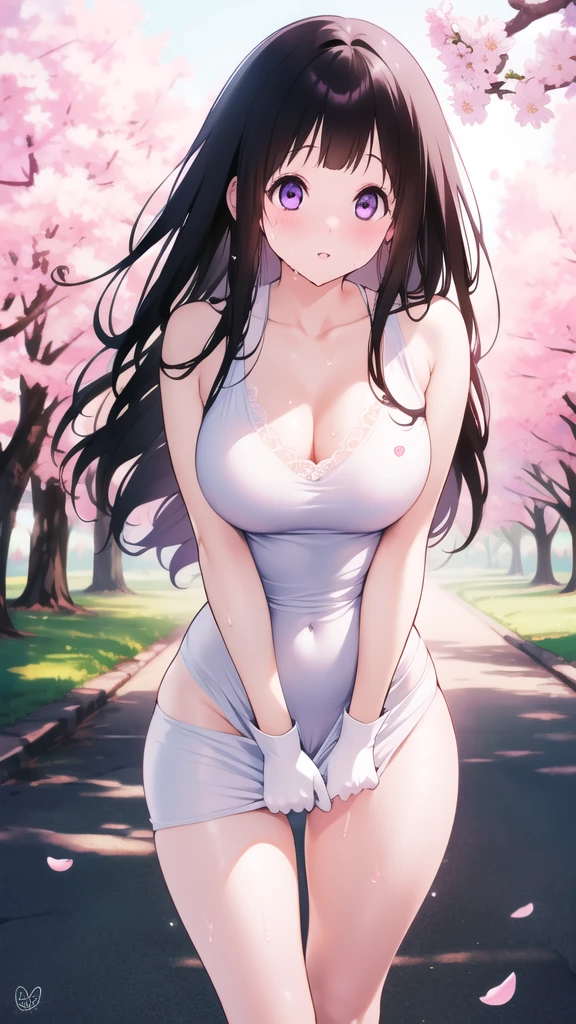 Amazing Chitanda, There is only one beautiful girl,Purple Eyes, Black Hair, Very red face,Very white skin,Glowing skin,Skin as delicate as porcelain,Naturally straight hair, Straight bangs,Extremely refined,Open lips,Long flowing hair,Beautiful Girl, Like a dream,Slim,Slim waist,Soft, (Sensual), (Kawaii), Dream quality,Beautiful big breasts,Transparent loose school uniform,Areola,Completely naked,Lower edge of breast,White gloves,Flower decoration,Deep V neckline,Loose neckline,Wide neckline,Walking in school,Place your hands on your inner thighs,Thighs clamp hands,Wet skin,Sweaty and sweaty,Sweating all over,Underwear Rain,Next to the cherry blossom trees,Back to,Lean over,Hips,Side body,Gluteal groove,Completely naked的臀部,Bare back,Completely naked的背部,Light transmission,(no pants),nopan,pussy juice,Bare shoulders,Bare neck,Exposed collarbone,Exposing breasts,Exposing breasts侧面,Exposing breasts下面,Show your waist,Show your buttocks,Show your thighs,Exposing the groin,(No pants),extremely shy,Ultra-high resolution, (masterpiece:1.2, best quality), (Delicate and beautiful eyes: 1.2), (Beautiful and delicate face)