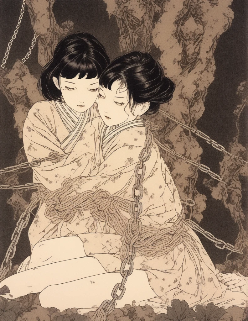 japanese line art , two school girls in a garden tying each other up with chains and rope, knots, , floral damask background , in the style of takato yamamoto ,