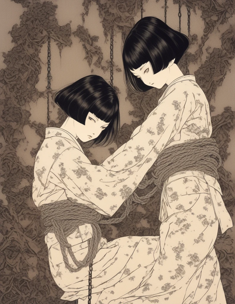 japanese line art , two school girls in a garden tying each other up with chains and rope, knots, bdsm , floral damask background , in the style of takato yamamoto ,