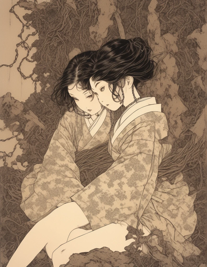 japanese line art , two school girls in a garden tying each other up with chains and rope, knots, bdsm , floral damask background , in the style of takato yamamoto ,