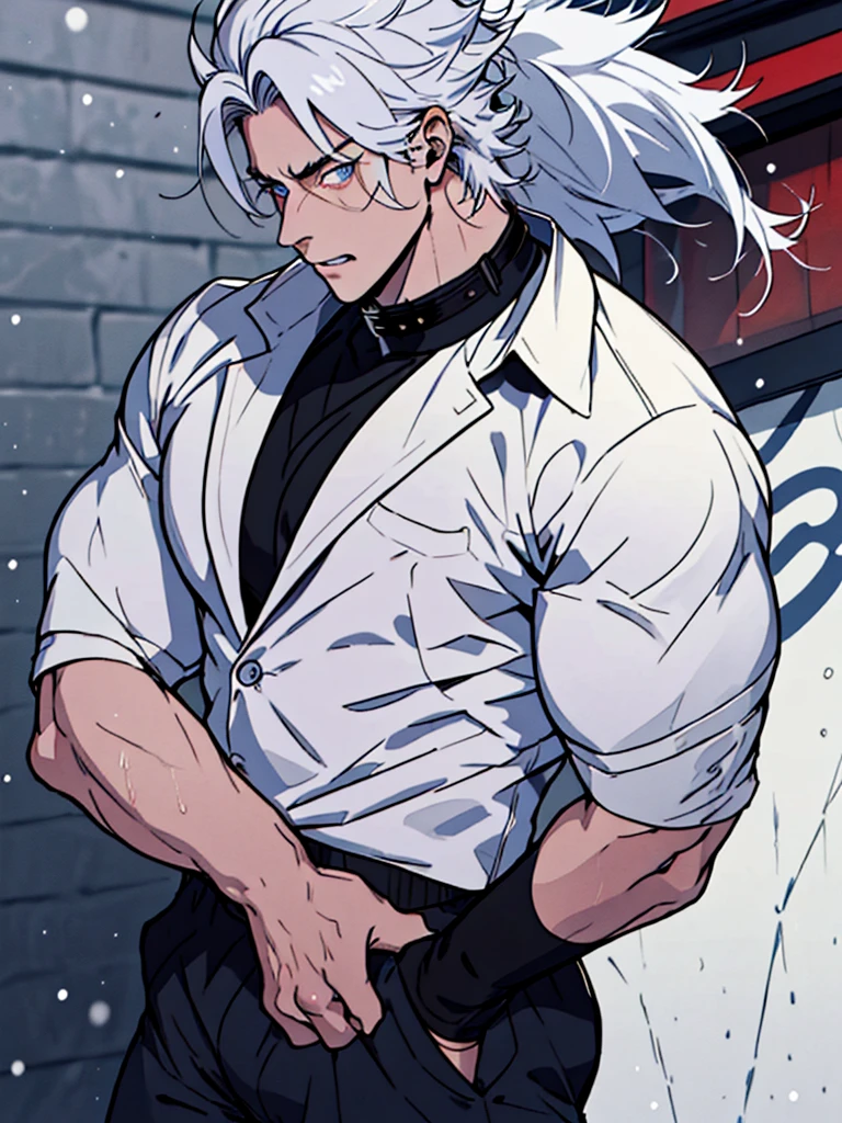 A handsome male, he has white hair, almost always disheveled, and always combed up, like the hair of the character Satoru Gojo from the anime Jujutso Kaisen, but he has a certain look to him. He is tall, with broad shoulders, muscular. His face is very masculine, but he has really kind eyes. Extremely attractive crystal blue eyes, a sleazy face. The eyelashes, as well as the hair and eyebrows are white as snow, but without being exaggerated. large bulge. pants pants. black high collar shirt, a very attractive man. 