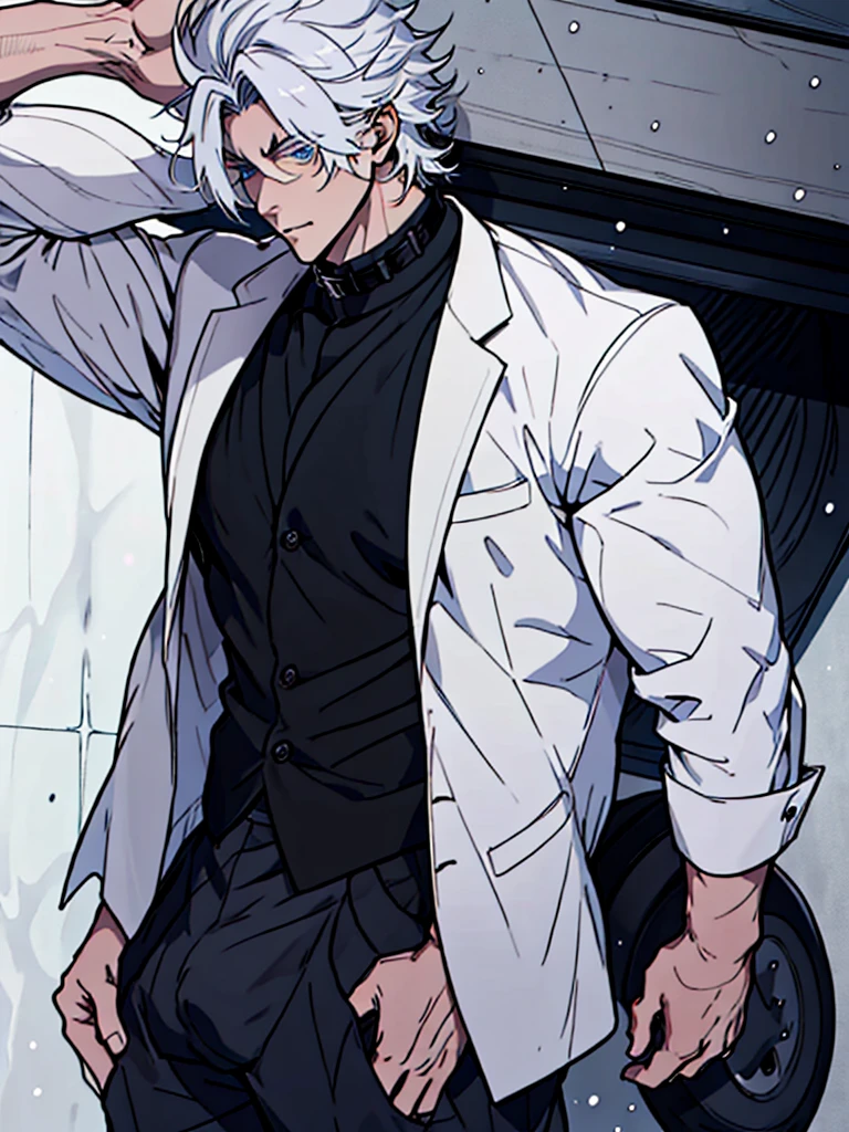 A handsome male, he has white hair, almost always disheveled, and always combed up, like the hair of the character Satoru Gojo from the anime Jujutso Kaisen, but he has a certain look to him. He is tall, with broad shoulders, muscular. His face is very masculine, but he has really kind eyes. Extremely attractive crystal blue eyes, a sleazy face. The eyelashes, as well as the hair and eyebrows are white as snow, but without being exaggerated. large bulge. pants pants. black high collar shirt, a very attractive man. 